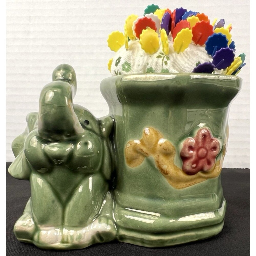 Vintage Majolica Pot Planter Lucky Elephant Pin Cushion